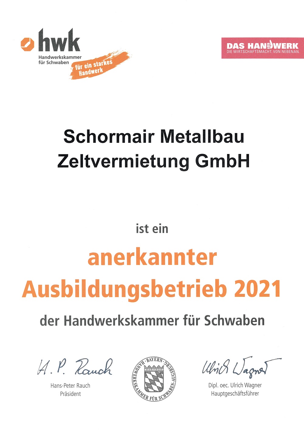 Urkunde Schormair Ausbildungsbetrieb 2021